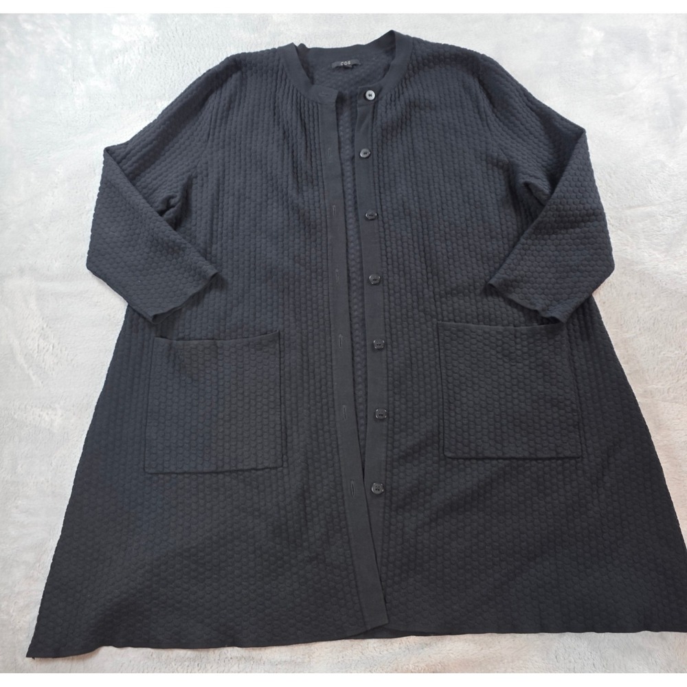 COS Women Large Black Long Cardigan Textured Bubble Knit A-Line Patch Pockets